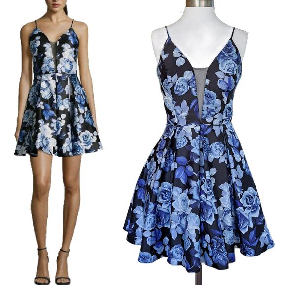 BETSEY & ADAM Blue Black Floral Fit & Flare Mini Dress 10 Cocktail Formal Prom - Picture 1 of 10